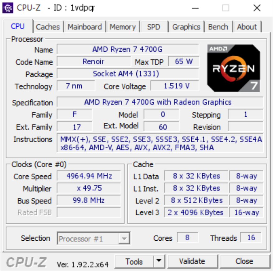 AMD Ryzen 7 4700G 8 Core Renoir APU_5 GHz Overclock_CPUz